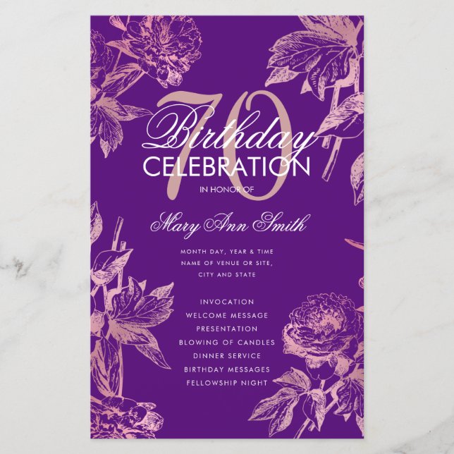 Glam Floral 70 Birthday Programa Rosa Roxo Dourado (Frente)