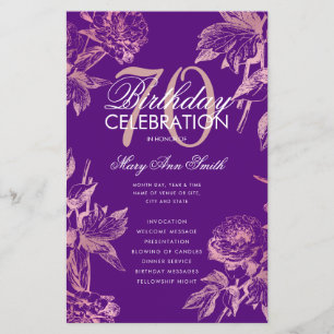 Glam Floral 70 Birthday Programa Rosa Roxo Dourado