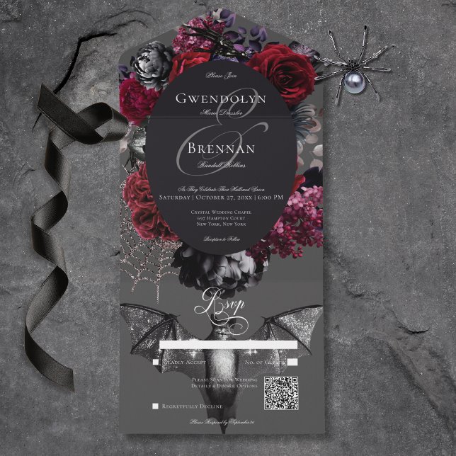 Glam Floral Cinza Glam das Trevas Negras Código QR (Dark Halloween Glam Floral Gray Wedding QR Code All In One Invitation)