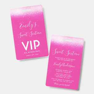 Glam Hot Pink Sweet 16 Convite VIP Pass Crachá