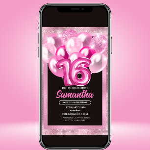 Glam Pink Balões Doce 16 Convite de Aniversário