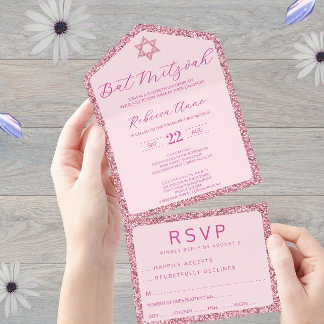 Glam Pink Clássico Elegante Bat Mitzvah RSVP (All in one Bat Mitzvah invitations in pink glam include a handy tear away RSVP postcard)