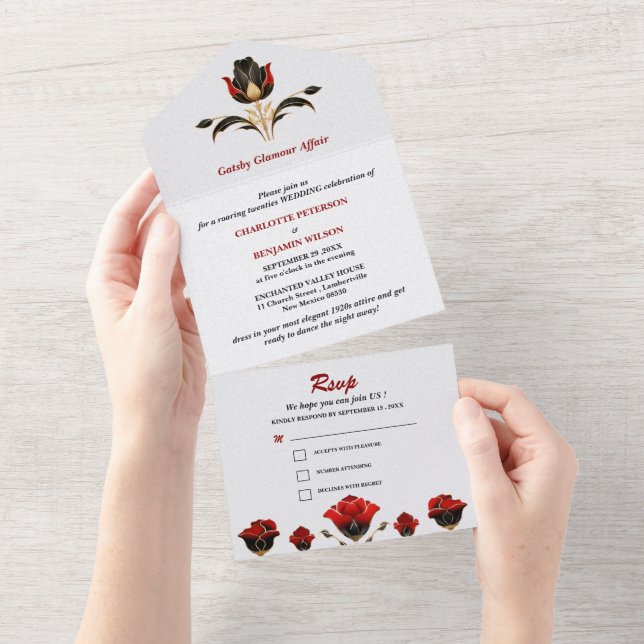 Glam Red Black Gatsby Art Deco 1920 Casamento (Aba destacável)