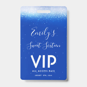 Glam Royal Blue Sweet 16 Convite VIP Pass Crachá