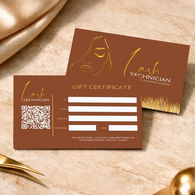 Glamorous Gold & Brown Lash Tech  Gift Certificate (Criador carregado)