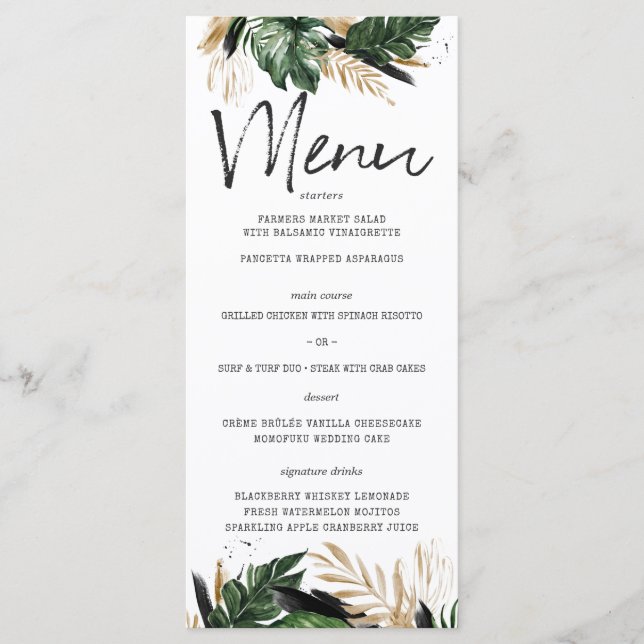 Glamorous Summer Greenery Menu de Casamento Tropic (Frente)