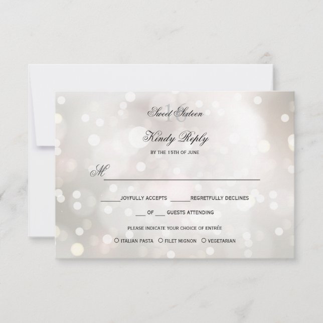 Glamorous White Glitter Sweet 16 RSVP MENU CHOICE (Frente)