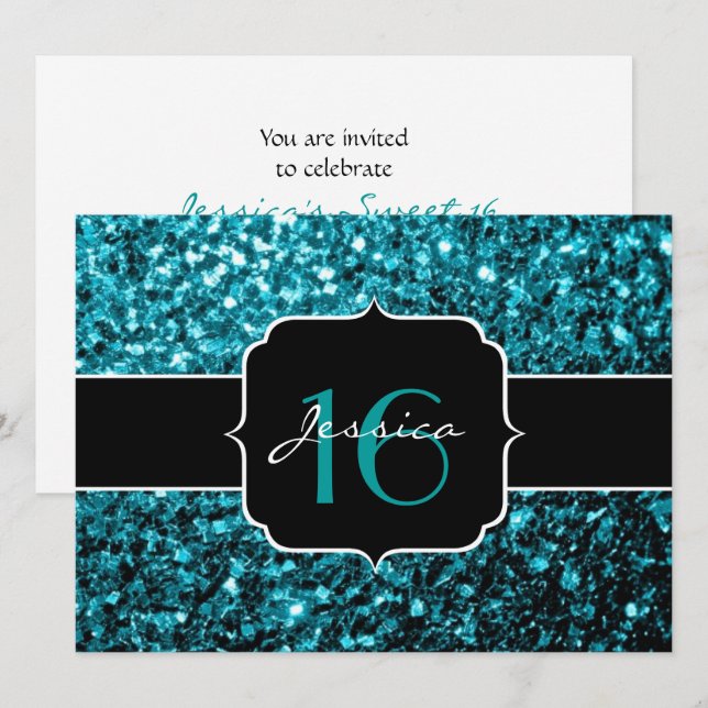 Glitter azul-aqua brilha doce 16 Convite (Frente/Verso)