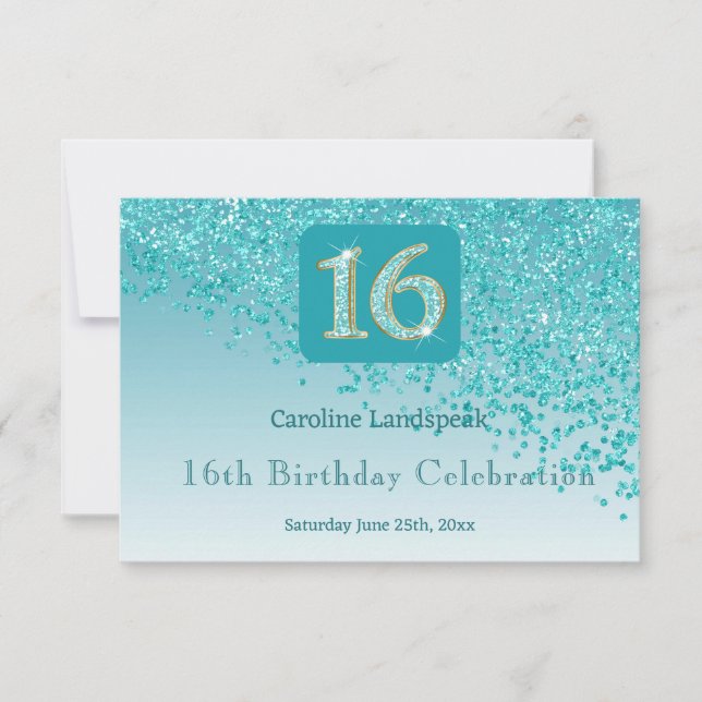 Glitter Azul Chic Teal, 16 RSVP de Aniversário (Frente)