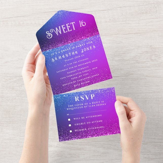Glitter Azul Roxo Sparkle Modern Sweet 16 (Aba destacável)