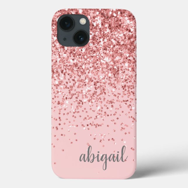 Glitter Blush Pink Girly Modern Monograma Nome (Verso)