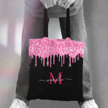 Glitter Cor-de-rosa quente Monograma Nome Tote Bag