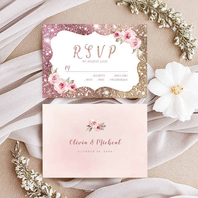 Glitter de ouro de rosa Sparkle e RSVP de casament (Sparkle rose gold glitter and floral wedding RSVP)