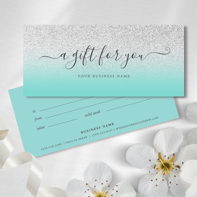 Glitter de Prata Teal Silver do Certificado de Ofe (Teal Blue Glitter Gift Certificate)