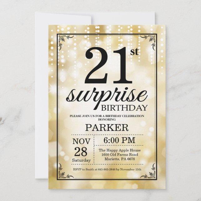 Glitter Dourado de Convite para aniversário de 21  (Frente)