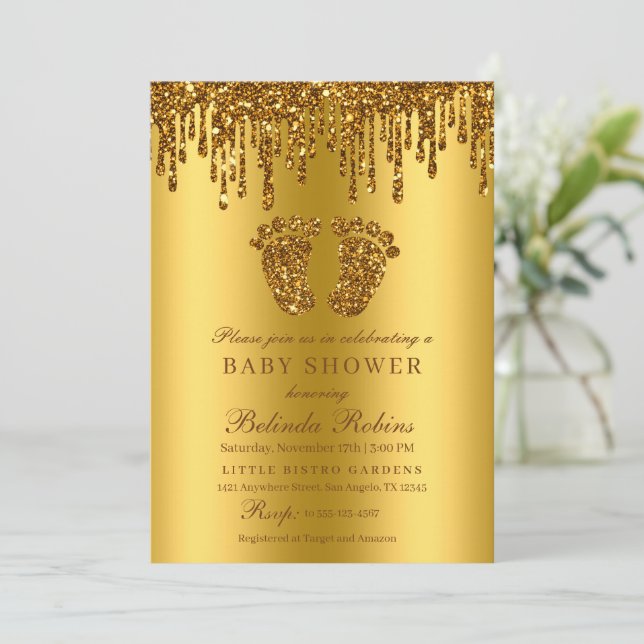 Glitter Dripe Dourado Pé-Bebê Convite Para Chá de  (Em pé/Frente)