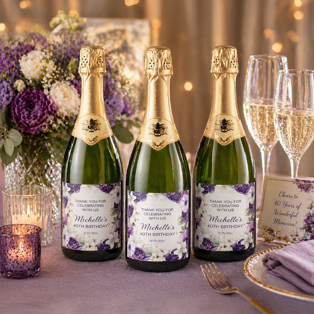 Glitter Floral Aguarela Branca Roxa Aniversário (Purple watercolor floral sparkling wine bottle labels)