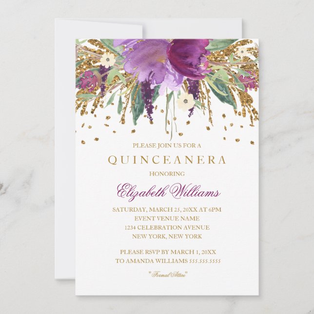 Glitter Floral Ametist Quinceanera Convite (Frente)