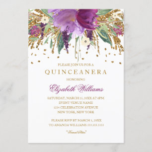 Glitter Floral Ametist Quinceanera Convite