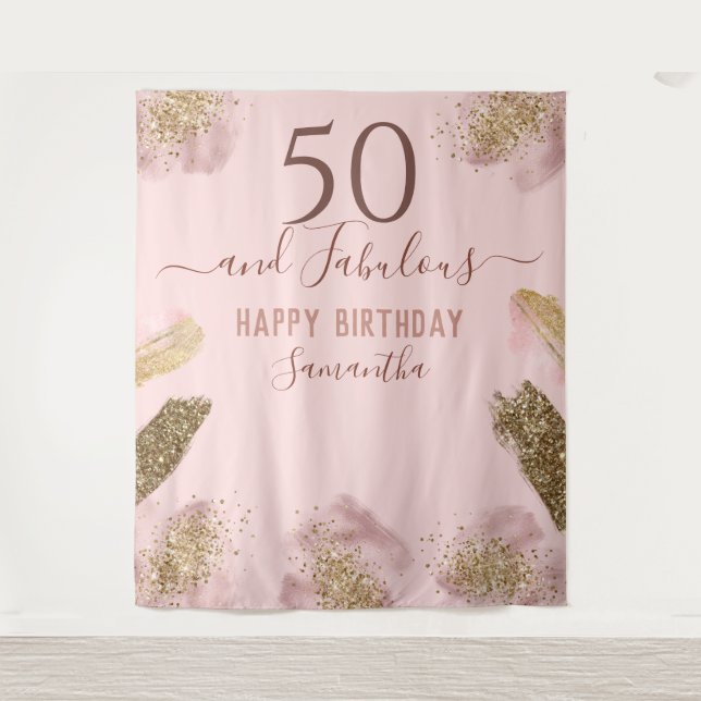 Glitter Foge Rosa Feliz 50º Aniversário Tapeçaria (Frente)