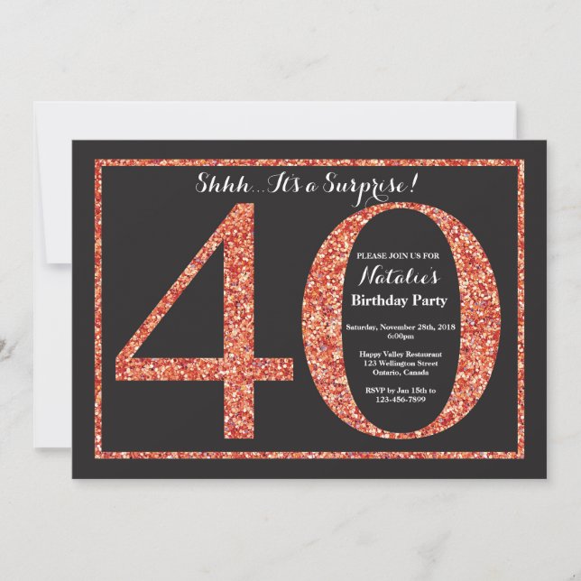 Glitter Laranja de Convite para aniversário de 40  (Frente)