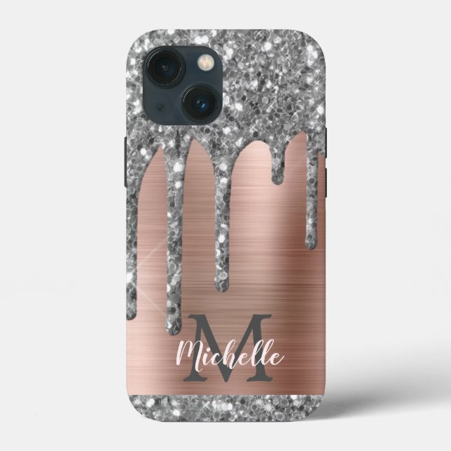 Glitter prateado gotas Rosa Monograma metálico Dou (Verso)