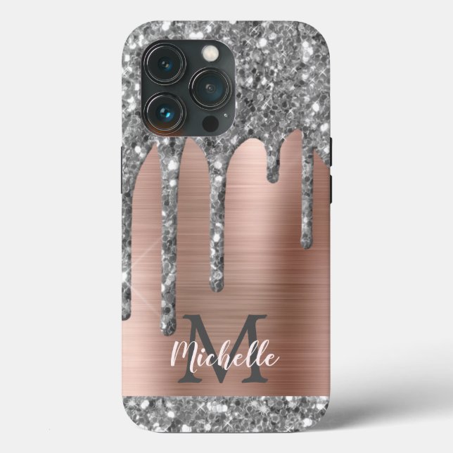 Glitter prateado gotas Rosa Monograma metálico Dou (Verso)