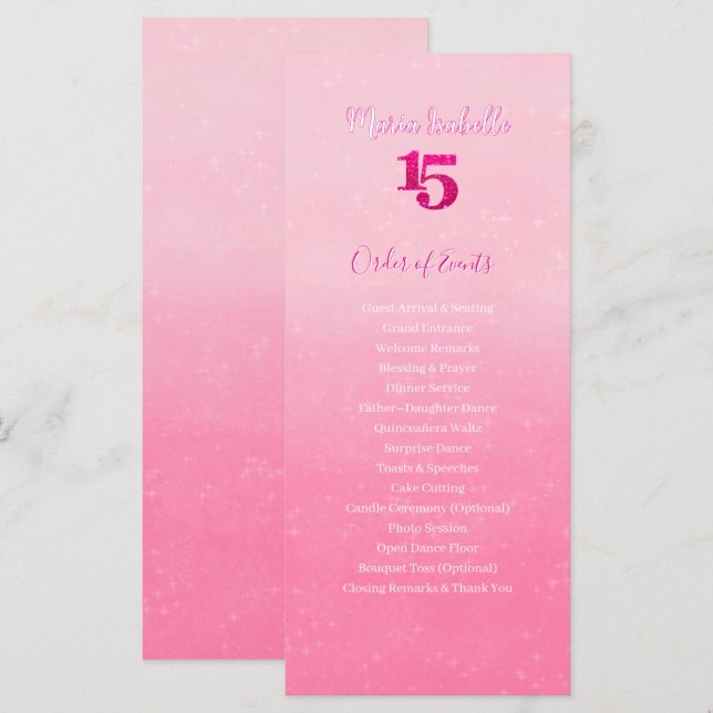 Glitter Rosa Ordem de Eventos da Quinceñera (Frente/Verso)