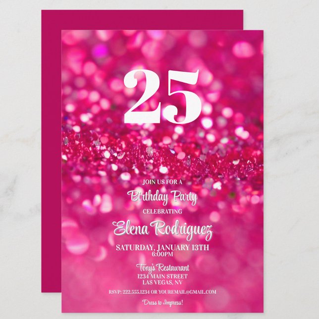 Glitter Rosa Quente - Glama 25 ruas - Convite de A (Hot Pink Glitter Glam 25th Birthday Party Invitation, Girly Chic Invite, Trendy, Feminine)