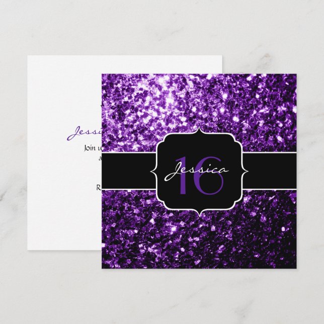Glitter roxo brilha Doce 16 Quadrado Convite (Frente/Verso)