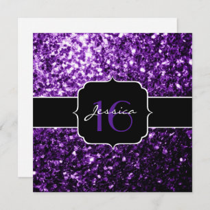 Glitter roxo brilha Doce 16 Quadrado Convite