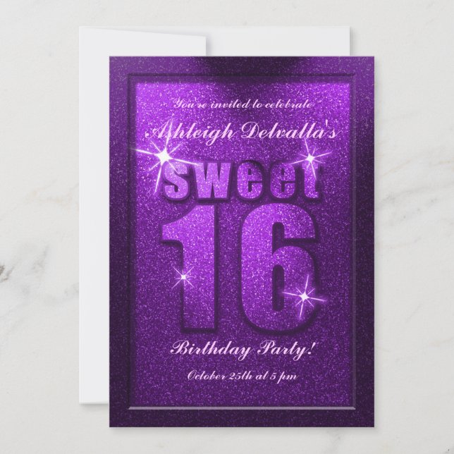 Glitter Roxo Doce 16 Convite de aniversário (Frente)