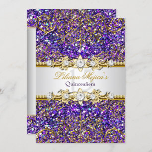 Glitter Roxo e Damasco Dourado Quinceanera Convite