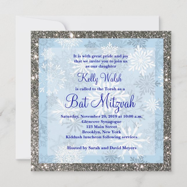 Glitter Snowflakes Winter Bat Mitzvah Convite (Frente)