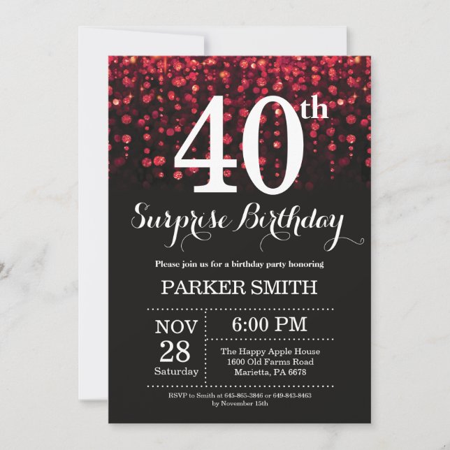 Glitter Vermelho de Convite para aniversário de 40 (Frente)