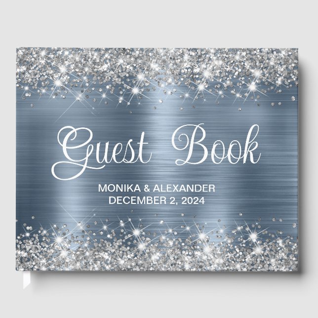 Glittery Chic Dusty Blue Foil Livro de Convidados (Frente)