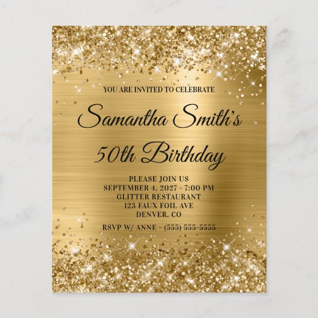 Glittery Dourada Glam 50th Birthday Invite (Frente)