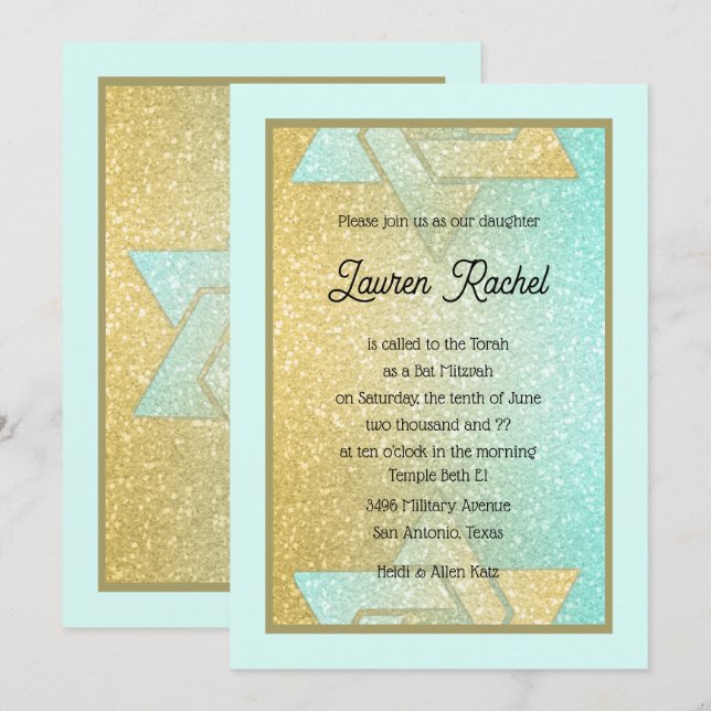 Glittery Gradient Bat Mitzvah Aqua Convite Dourado (Frente/Verso)