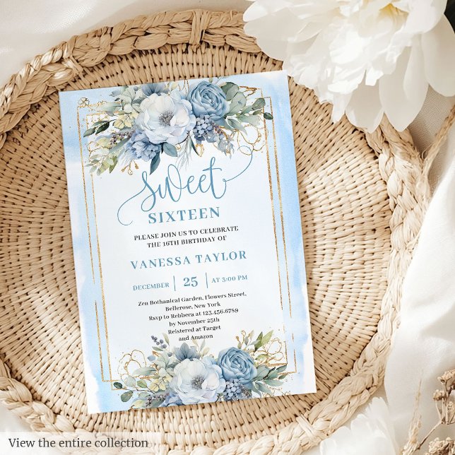Glittery Pastel Blue White Peonies Doce 16 Convite (Glittery Pastel Blue White Peonies Sweet 16 Invitation)