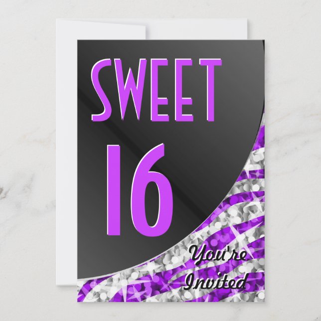 Glitz Zebra Purple Curva "Sweet 16" convite (Frente)