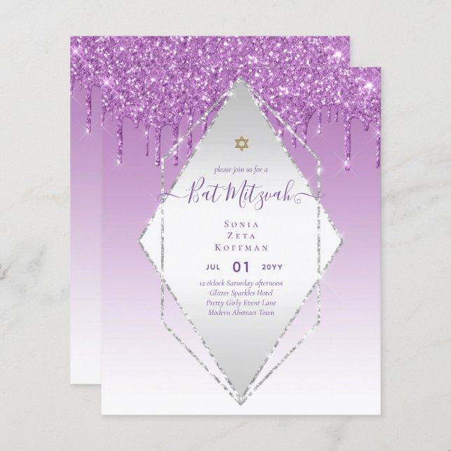Glitzy BAT MITZVAH Convida Glitter Sparkles Modern (Frente/Verso)
