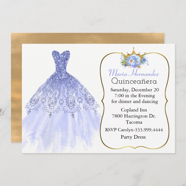 Glitzy Blue Gown Quinceañera Convite (Frente/Verso)