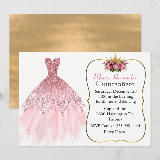 Glitzy Pink Gown Quinceañera Convite (Frente/Verso)