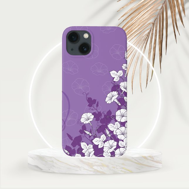 Glória Branca Subindo Vinha com Púrpura (White Morning Glory Flowering Vine with Purple Background Phone Case)