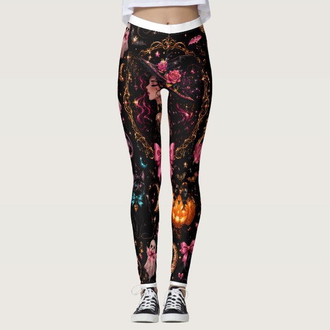 Glossy Coquette Witch Halloween Pattern Leggings (Frente)
