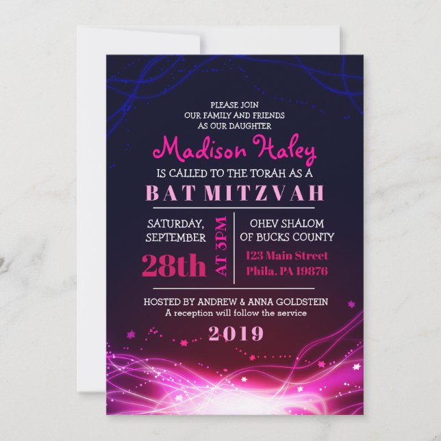 GLOW NEON STARS FUSCHIA Bat Mitzvah Convite (Frente)