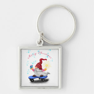 Gnomo de Skater de Natal com Chaveiro de presentes