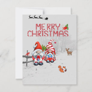Gnomos de cartões de Natal com cervo, pássaro, esq