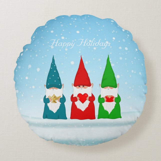 Gnomos de Natal em Almofada Redonda Azul Claro (Frente)