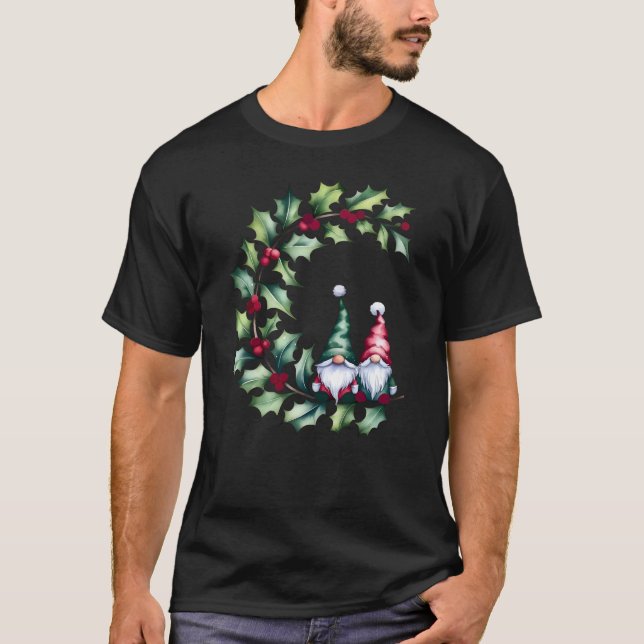Gnomos De Natal Na Camiseta Holly Berry Twig (Frente)